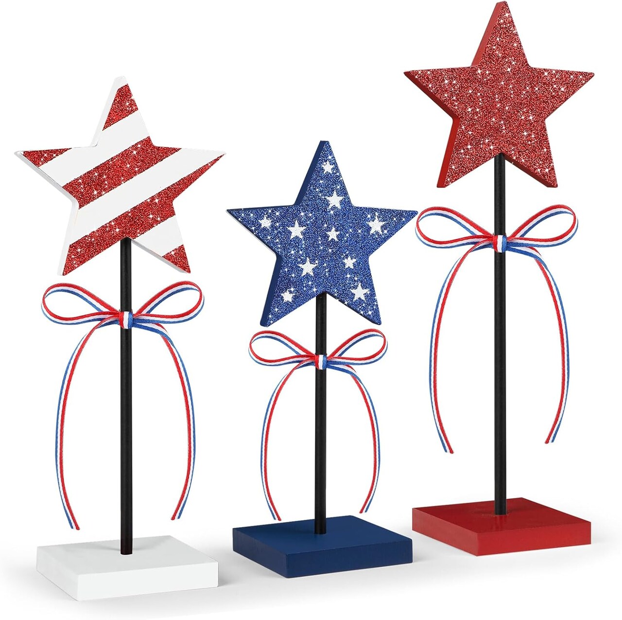 3-Pack Wooden Star Tiered Tray Decor for 4th of July & Memorial Day, Red White Blue